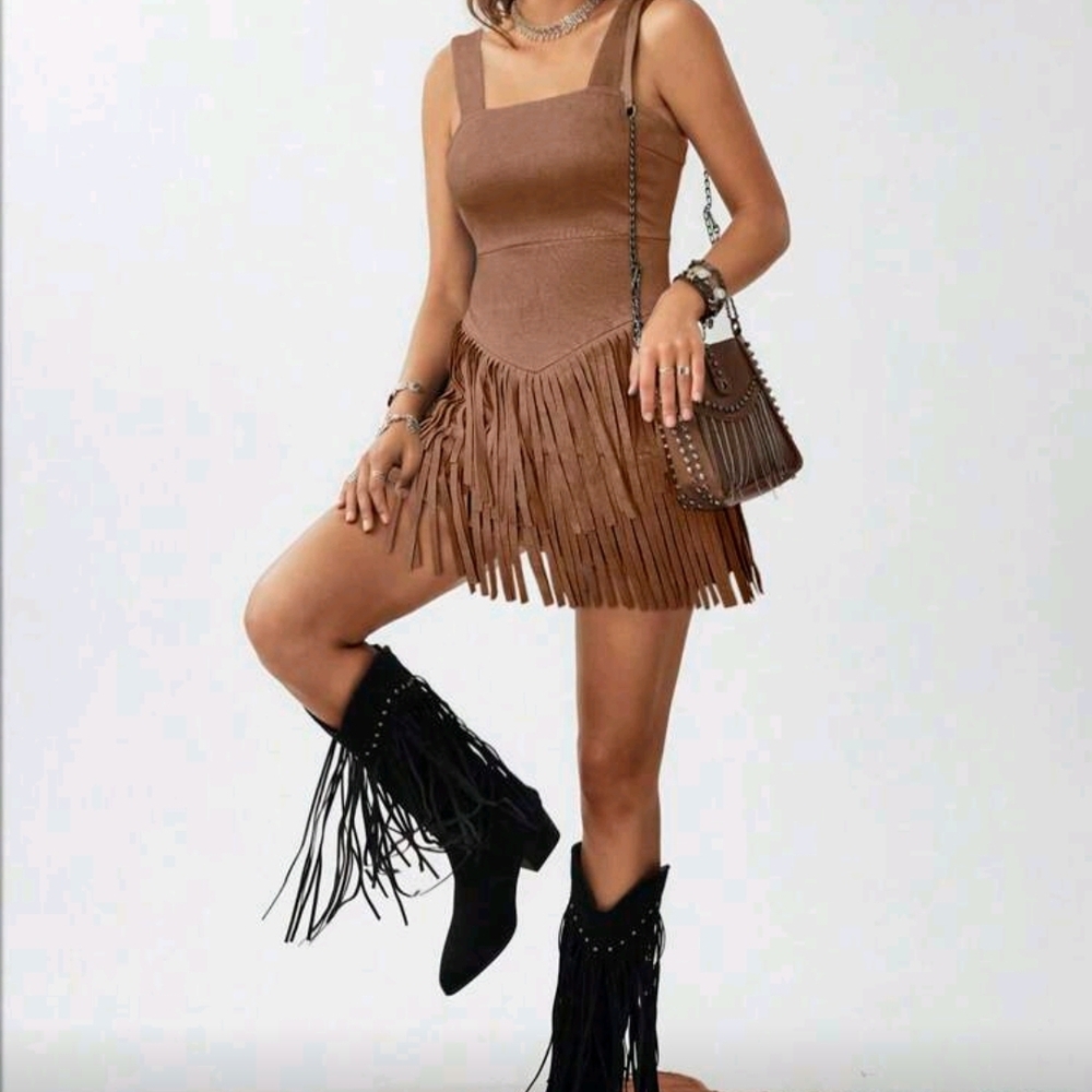Fringe Mini Dress in Brown